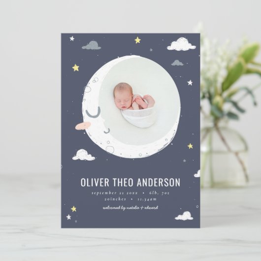 Fotogeboorte van moon, ster en cloud aankondiging (Staand voorkant)