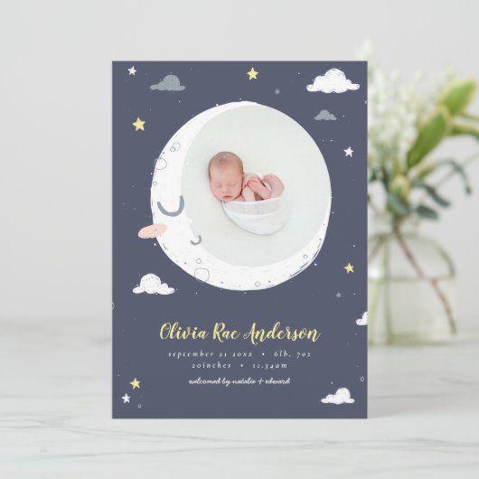 Fotogeboorte van moon, ster en cloud aankondiging (Staand voorkant)