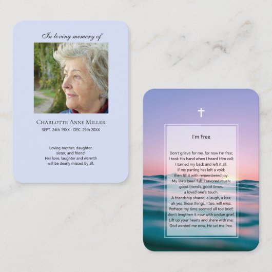 Fotogedenkteken Ik ben gratis gebedskaart Visitekaartje (Voorkant / Achterkant)