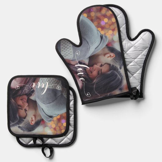 Fotogeschenk Liefde Script Ovenwant & Pannenlap Set (Voorkant / Achterkant)