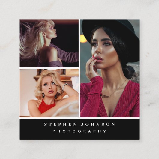 Fotograaf 3 Foto's QR Code Social Media Icons Vierkante Visitekaartje (Voorkant)