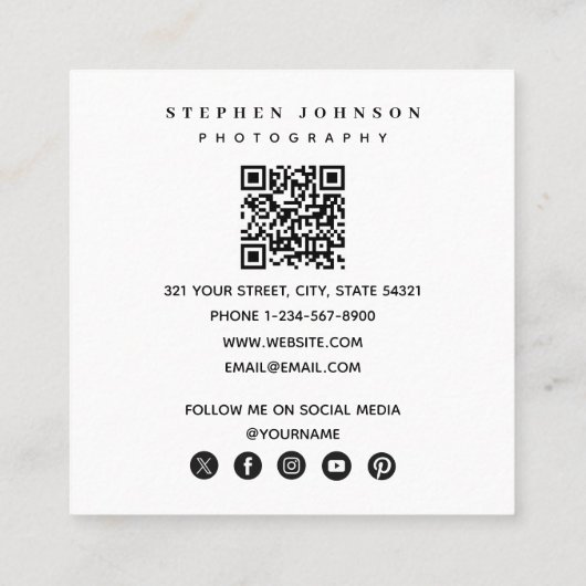 Fotograaf 4 Foto's QR Code Social Media Icons Vierkante Visitekaartje (Achterkant)