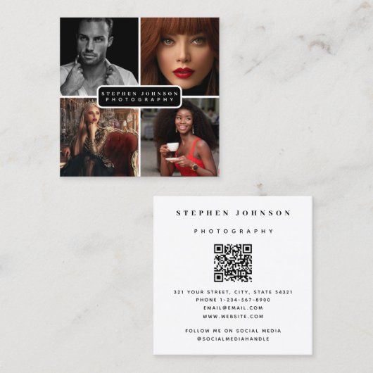 Fotograaf 4 Foto's QR Code Social Media Vierkante Visitekaartje (Voorkant / Achterkant)