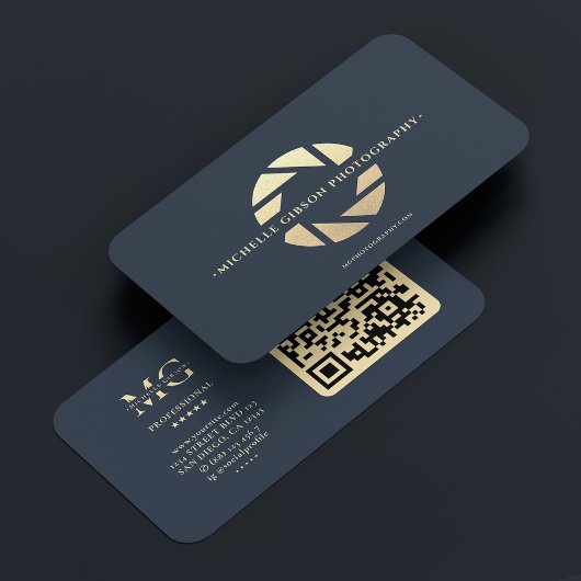 Fotograaf Donkerblauw Goud Camera Lens Modern Visitekaartje