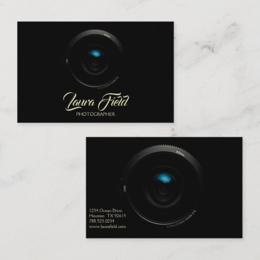 Fotograaf Elegant Black Camera Lens Visitekaartje (Voorkant / Achterkant)