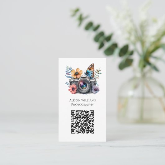 Fotograaf Floral Butterfly Camera Waterverf QR Visitekaartje (Staand voorkant)
