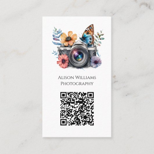 Fotograaf Floral Butterfly Camera Waterverf QR Visitekaartje (Voorkant)