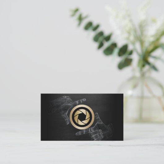 Fotograaf Gold Shutter Logo Elegant Dark Wood Visitekaartje (Staand voorkant)