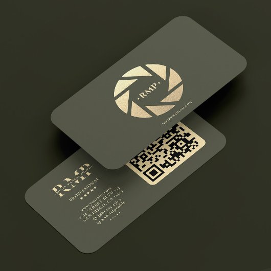 Fotograaf gouden camera lens leger groen modern visitekaartje