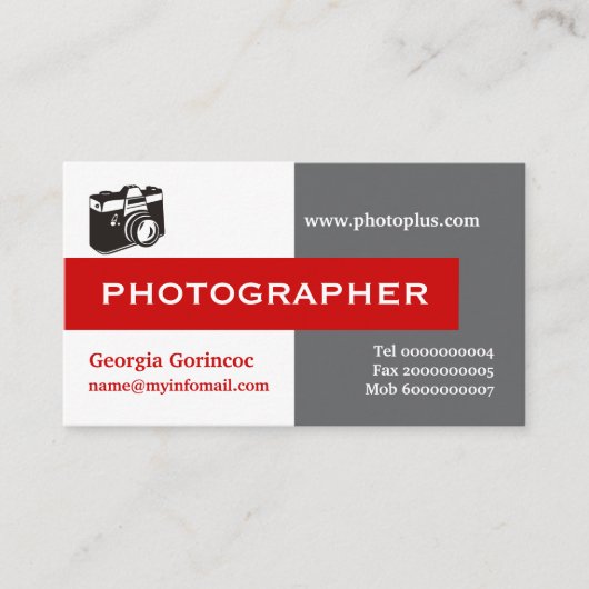 Fotograaf grijs, wit, rood in het oog vallend visitekaartje (Voorkant)