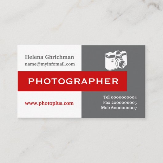 Fotograaf grijs, wit, rood in het oog vallend visitekaartje (Voorkant)