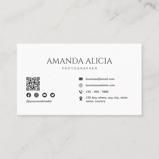 Fotograaf Minimalistische Zwart Wit QR Code Visitekaartje (Achterkant)