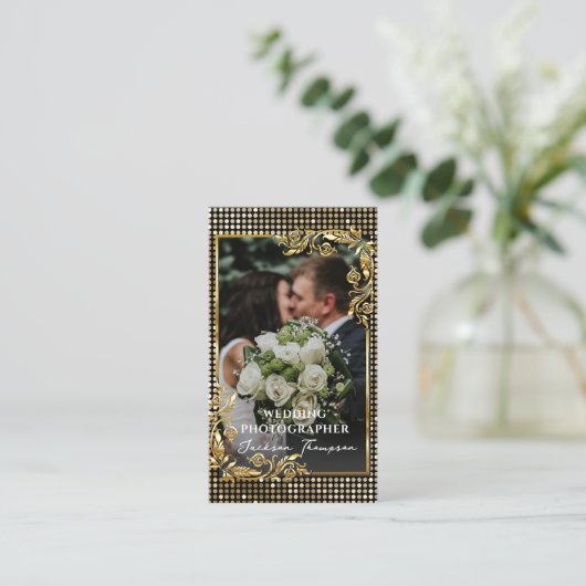 Fotograaf Modern Black & Gold Fotografie Visitekaartje (Staand voorkant)