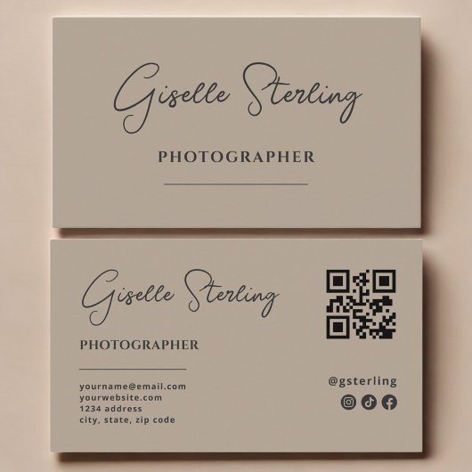 Fotograaf Neutraal Taupe Script QR Code Visitekaartje