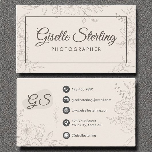 Fotograaf Neutral Ivory Floral Elegant Script Visitekaartje