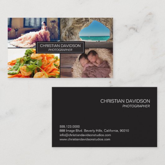 Fotograaf, pas aan met foto's, zwart, strak visitekaartje (Voorkant / Achterkant)