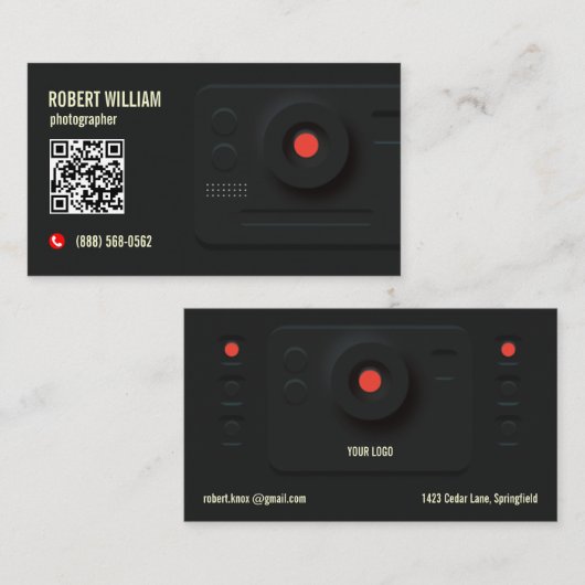 Fotograaf QR-code Modern Zwart | Minimaal ontwerp Visitekaartje (Voorkant / Achterkant)