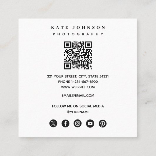 Fotograaf QR Code Social Media Icons Foto's Vierkante Visitekaartje (Achterkant)