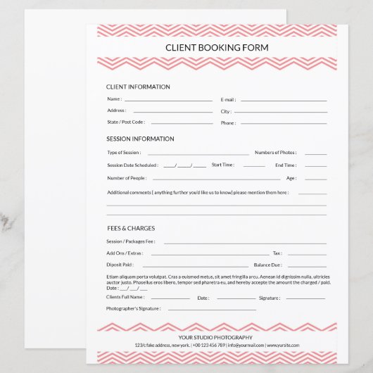 Fotograaf Sessie Contract Formulier Sjabloon (Voorkant / Achterkant)