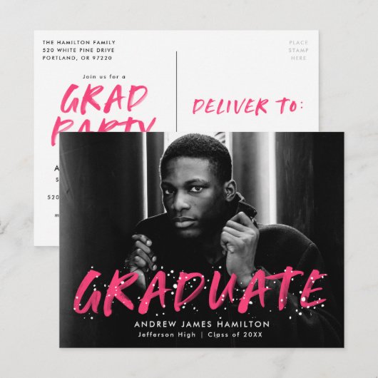 Fotogradatie van Hot Pink Verf Splatter Uitnodiging Briefkaart (Voorkant / Achterkant)