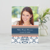 Fotogradatiepartij Uitnodigingskaart Blue Damask Kaart (Staand voorkant)