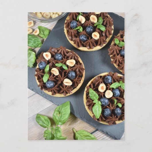 Fotografie blauwbes chocoladetartlets briefkaart (Voorkant)