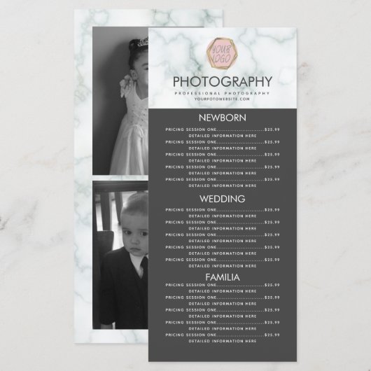 Fotografie Business Uw Logo grijs marmer-menu Menu (Voorkant / Achterkant)