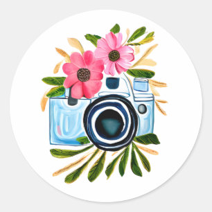 Fotografie Liefhebbers  Camera en Bloemen Ronde Sticker