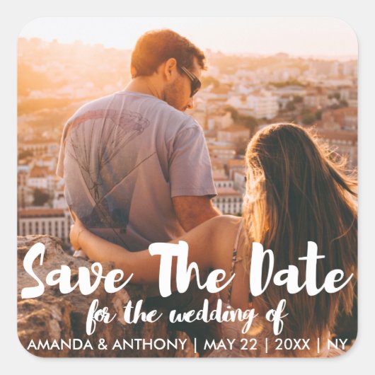 Fotografie met moderne witte letters vierkante sticker (Voorkant)