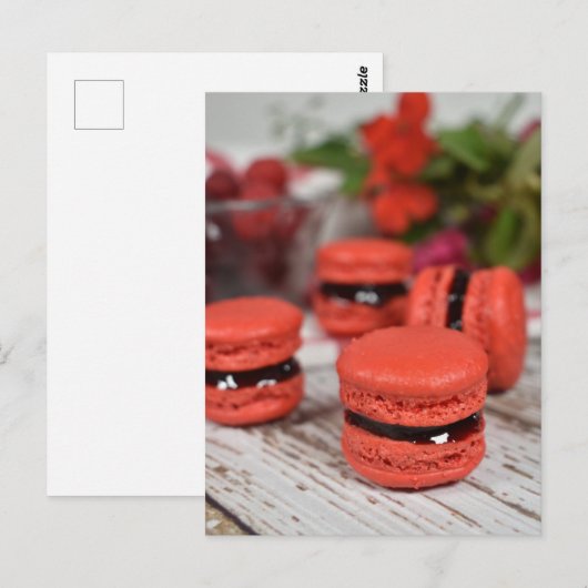 Fotografie Red Cherry Jam vulde Macarons Briefkaart (Voorkant / Achterkant)