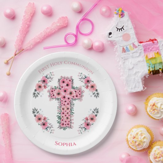 Fotografie van de eerste Heilige Communie Roze blo Papieren Bordje (Feest)