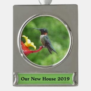 Fotografie van een roodkeelkolibrie verzilverd banner ornament