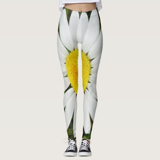 Fotografie van geel White Daisy Flower Floral Leggings (Voorkant)
