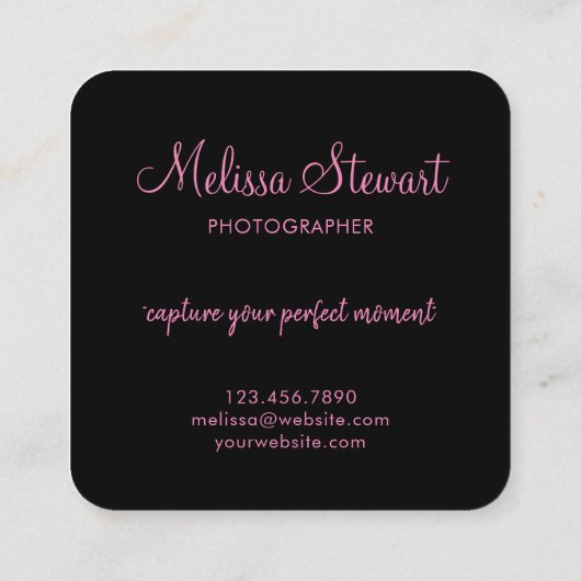 Fotografie van moderne roze script vierkante visitekaartje (Achterkant)