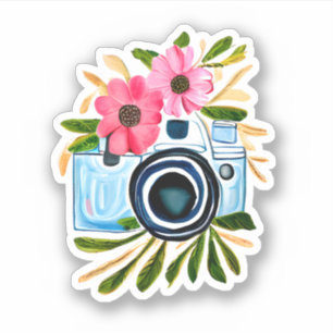 Fotografieliefhebbers Vintage Camera en Bloemen Sticker