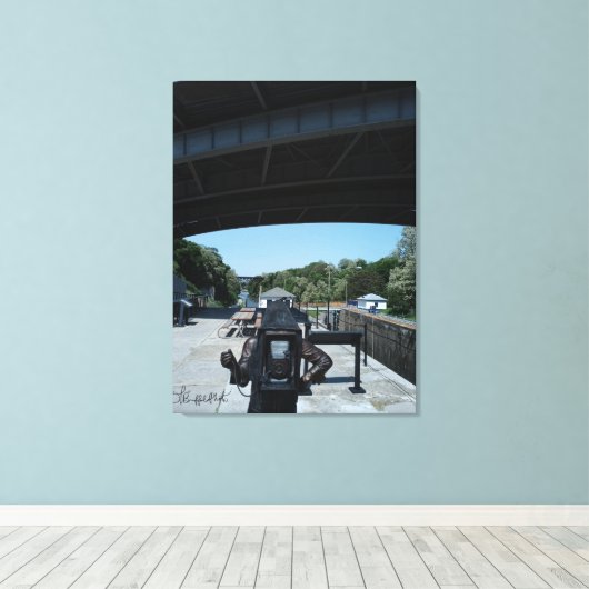 Fotografierbeeld met Erie Canal op achtergrond Canvas Afdruk (Insitu (Houten vloer))