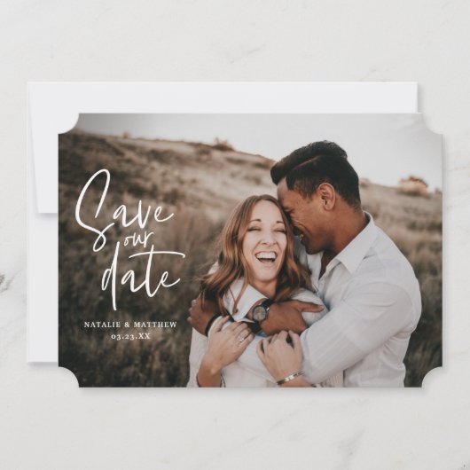 Fotografische bloemige geometrische trouwfoto save the date (Voorkant)