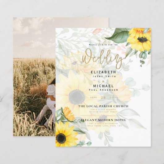 Fotografische Trouwkaart met Zonnebloemen (Voorkant / Achterkant)