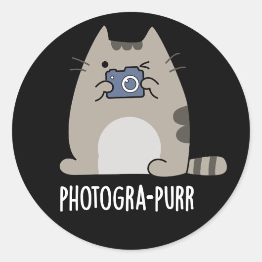 Fotograh-purr Funny Cat Fotograaf Pun Dark BG Ronde Sticker (Voorkant)
