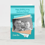 Fotogroet van Husband turquoise green Birthday Kaart<br><div class="desc">Wenskaart voor mannen.
Pas deze Birthday-kaart aan voor uw echtgenoot of een andere persoon.
Ontworpen in turquoise groen en beige,  met liefdesharten.
Vervang de foto met uw,  en verander de tekst in pak.

**Samplefoto's © Lynnrosedesigns**</div>