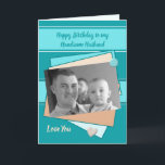 Fotogroet van Husband turquoise green Birthday Kaart<br><div class="desc">Wenskaart voor mannen.
Pas deze Birthday-kaart aan voor uw echtgenoot of een andere persoon.
Ontworpen in turquoise groen en beige,  met liefdesharten.
Vervang de foto met uw,  en verander de tekst in pak.

**Samplefoto's © Lynnrosedesigns**</div>