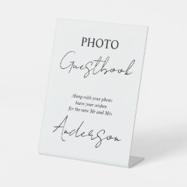 Fotoguestbook met zwarte en witte scriptkalligrafi reclamebord met voetstuk
