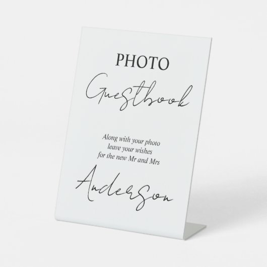 Fotoguestbook met zwarte en witte scriptkalligrafi reclamebord met voetstuk (Voorkant)
