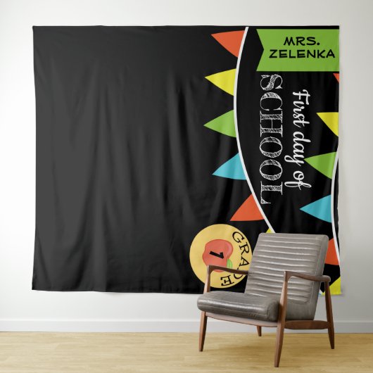 Fotohokje-achtergrond voor de eerste schooldag wandkleed (In Situ (horizontaal))