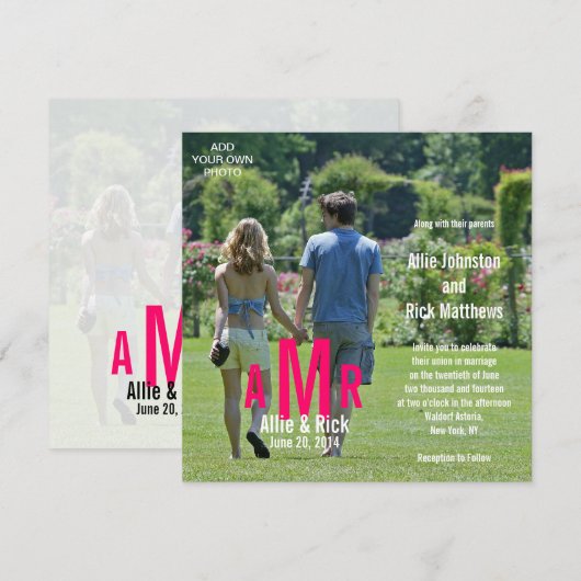 Fotohuwelijksuitnodigingen Drie Monogrammen Roze Kaart (Voorkant / Achterkant)