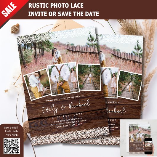 FOTOHUWELIJKSUITNODIGINGEN RUSTIC LACE BOHO SCHUUR KAART
