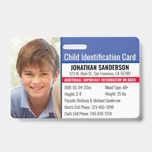 Fotoidentificatie Noodallergie Kind ID Badge (Voorkant)