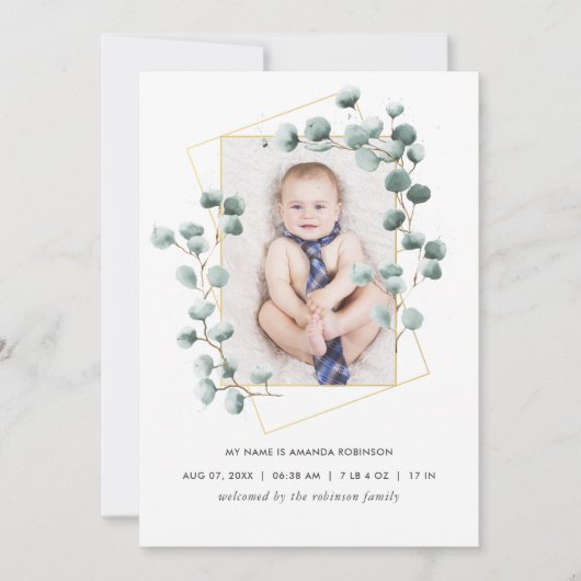 Fotokaart Eucalyptus Geometric Birth Announding Aankondiging (Voorkant)