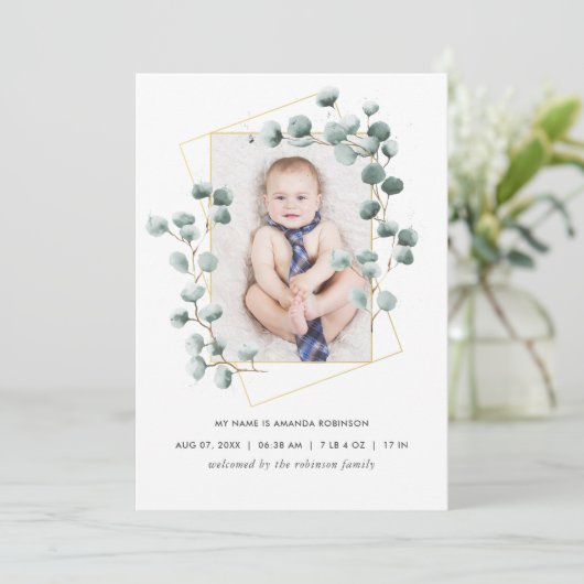 Fotokaart Eucalyptus Geometric Birth Announding Aankondiging (Staand voorkant)