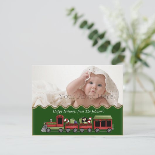 Fotokaart met groene kersttrein feestdagenkaart (Staand voorkant)